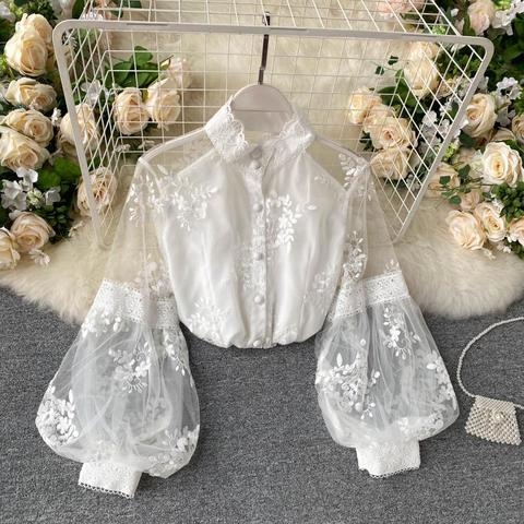 Women French Mesh Lace Blouse Stand Collar Three-dimensional Embroidered Puff Sleeves Court Style Slim Shirt Female Blusa PL610 ► Photo 1/6
