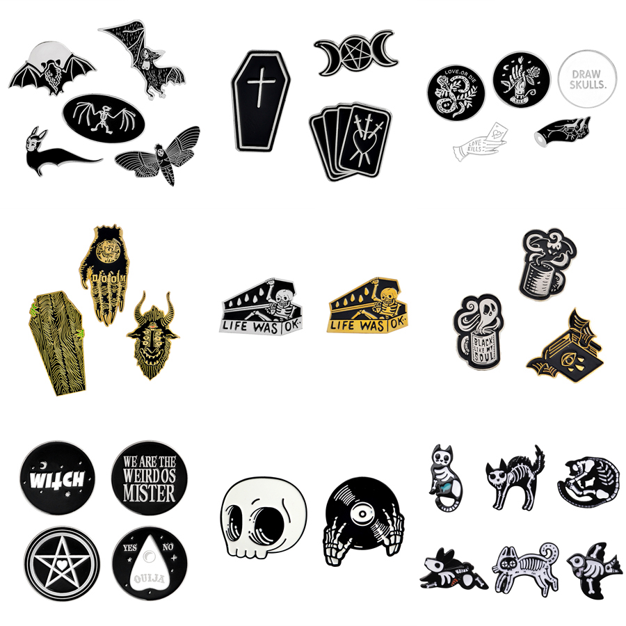 1-6pcs/set Punk Dark Brooch Collection Enamel Pins Skull Bat Witch