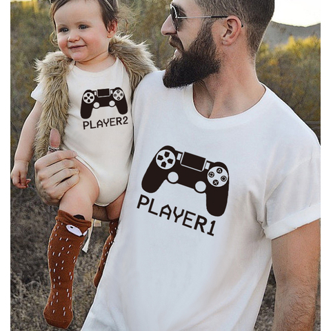 1PC Funny Summer Family Look Father and Son Family Matching Clothes Player 1 Player 2 T-Shirt For Daddy Baby Bodysuit Clothing ► Photo 1/6