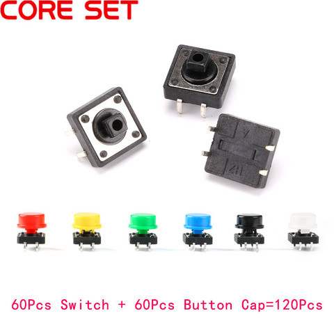 120Pcs=60pcs Plastic Tactile Switch PCB Tact Push Button Momentary Switch 4 Pins + 60pcs 6 Color Button Cap 12*12*7.3mm ► Photo 1/6