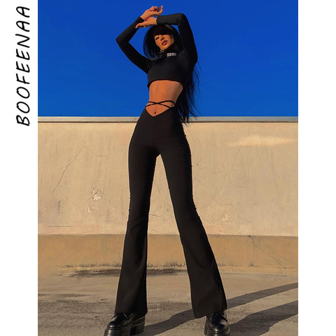 BOOFEENAA Cyber Y2k Flare Pants E Girl Style Sexy Strechy Trousers Women  Lace Up V Waist Low Rise Harajuku Black Pants C85-BZ22 - Price history &  Review