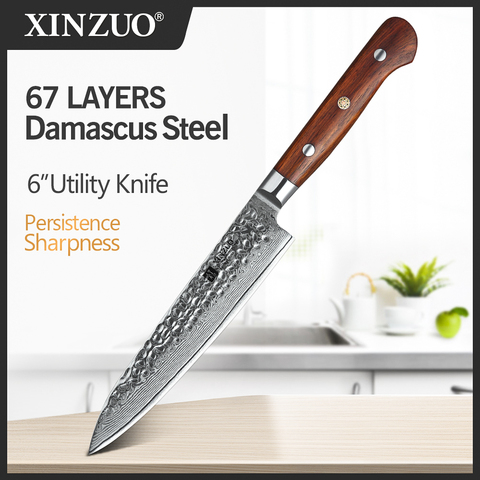 XINZUO 6'' inch Utility Knife Damascus Steel Kitchen Knives Paring Stainless Steel Peeling Knife Sharp Cutlery Rosewood Handle ► Photo 1/6