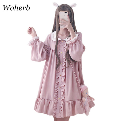 Woherb 2022 Summer Dress Women Harajuku Pink Ladies Ruffle Lace Patch Kawaii Dresses Lolita Cosplay Sweet Loose Vestidos 21092 ► Photo 1/6