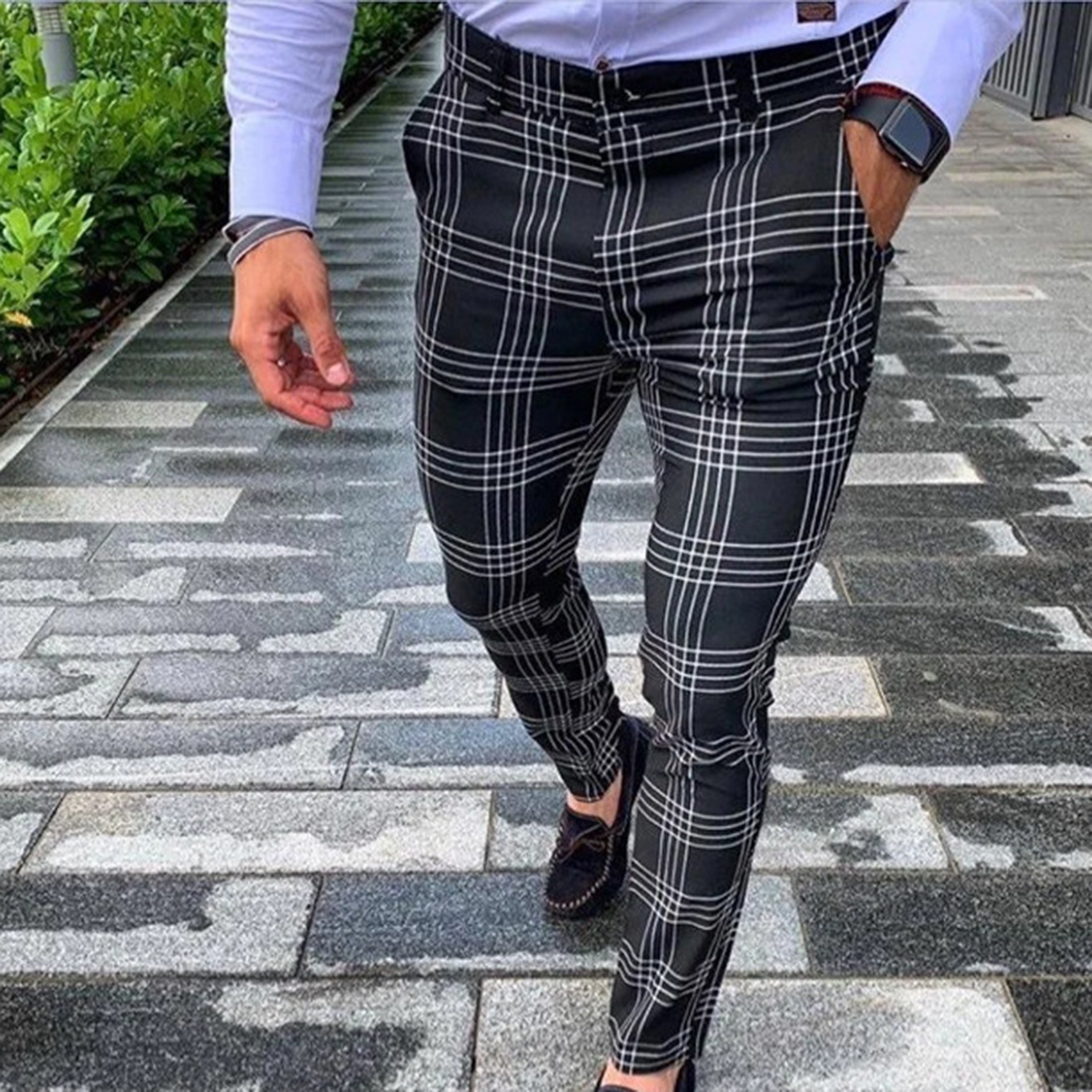 Men's Plaid Slim Fit Pencil Pants Zipper Skinny Trousers Casual Business Bottoms 