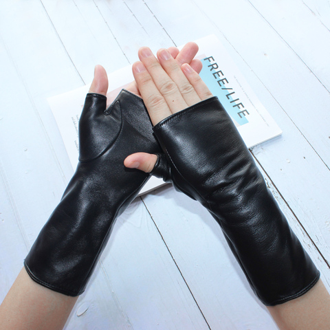 Bickmods 2022 New Women Fashion Long Genuine Leather Black Sheepskin Driving Outdoor  Fingerless Gloves Spring and Autumn ► Photo 1/6