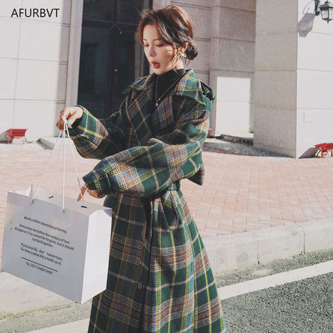 2022 Women Coat Outerwear Winter Clothing Fashion Warm Woolen Blends Female X Long Elegant Double Breasted Woolen Coat Plaid ► Photo 1/6