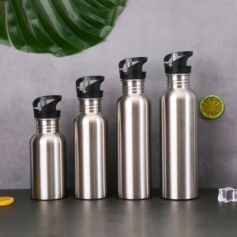 Stainless Steel Sports Water Bottle with Drinking Straw lids Cap Vacuum Flask Single Wall Hot Cold Water Bottle 500/750/1000ml ► Photo 1/6