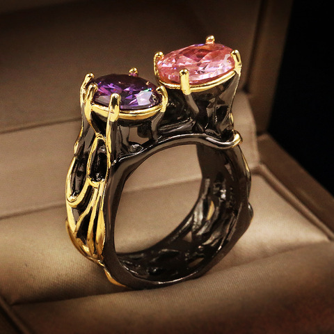 Ladies Luxury Two-tone Zircon Black Gold Wedding Ring Large Round Cocktail Engagement Ring Italian Jewelry Women Jewelry ► Photo 1/5