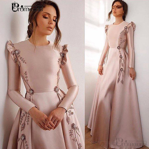 Nude Pink Long Sleeves Fold Bead Evening Dresses Long Pleats Appliques Evening Gown Vestidos De Fiesta De Noche ► Photo 1/6