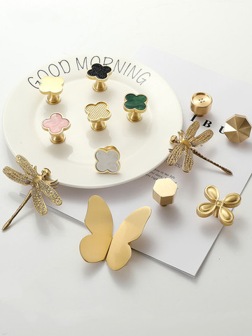 Four Leaf Clover Butterfly Dragonfly bee Insect Bird shape Brass knobs Handle Nordic Light Luxury Pastoral  Single Hole pulls ► Photo 1/6