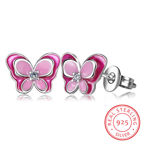 Children Fashion 925 Silver Pink Enamel Butterfly Small Stud Earrings for Baby Kids Girls Women Cute Party Earring Jewelry ► Photo 1/6