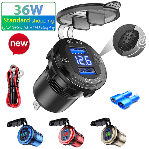 36W Dual USB Charger 12V Socket QC 3.0 LED Display Switch Waterproof Universal Car Socket Plug For Phone Tablet Camera GPS ► Photo 1/6
