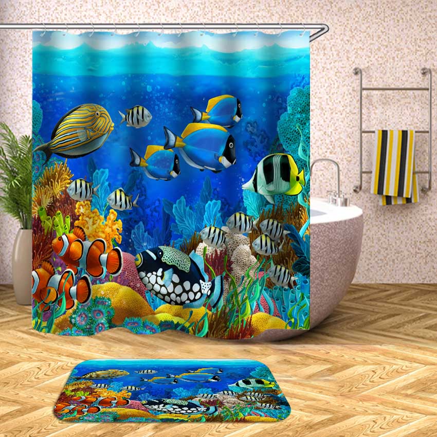 Ocean Coral Tropical Fish Turtle Shower Curtain Waterproof Fabric Bathroom Decor 