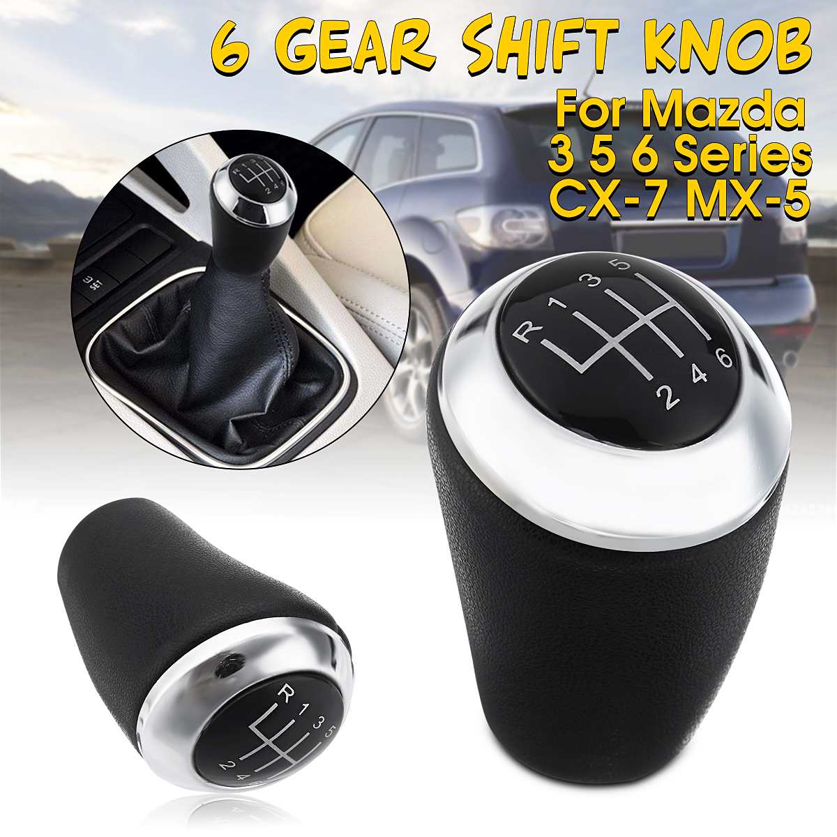 Chrome Leather 6 Speed Car Gear Shift Knob Gear Stick Shift Lever Knob For Mazda 3 6 3 Series CX-7 MX-5 2012 2011 2010 2009 2008 ► Photo 1/6