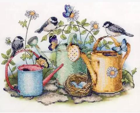 Gold Collection Lovely Counted Cross Stitch Kit Birds Bird Nest Butterflies Butterfly and Watering Pot Garden ► Photo 1/6