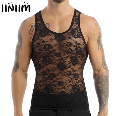 Mens Sissy See Through Sheer Lingerie Sexy Lace Mesh Muscle Fitted T-shirt Top Homme Sleeveless Club Undershirt Gay Exotic Tanks ► Photo 1/6