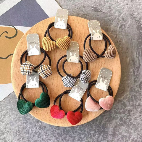 2pcs Velvet Heart Plaid Star Button Elastic Hair Bands Rubber Hair Rope Tie Girls Hair Scrunchie Ponytail Holder Gum Accessories ► Photo 1/6