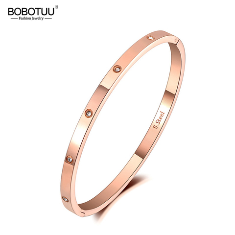 BOBOTUU Luxury CZ Crystal 4mm Cuff Bangle For Women Girls Cubic Zirconia Love Titanium Stainless Steel Bracelet Jewelry BB19063 ► Photo 1/6