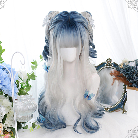 MEIFAN Long Ombre Colorful Cosplay Lolita Harajuku Wig With Bangs Natural Wavy Wigs Pink Purple Blue Synthetic Daily Wigs ► Photo 1/6