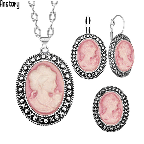 Oval 5 Color Lady Queen Cameo Jewelry Set Necklace Earring Ring Antique Sliver Plated Vintage Jewelry For Woman ► Photo 1/6