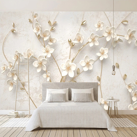 Custom Mural Beautiful White Plum Flower Golden 3D Stereo Embossed Floral Wall Painting Bedroom Living Room Background Wallpaper ► Photo 1/6