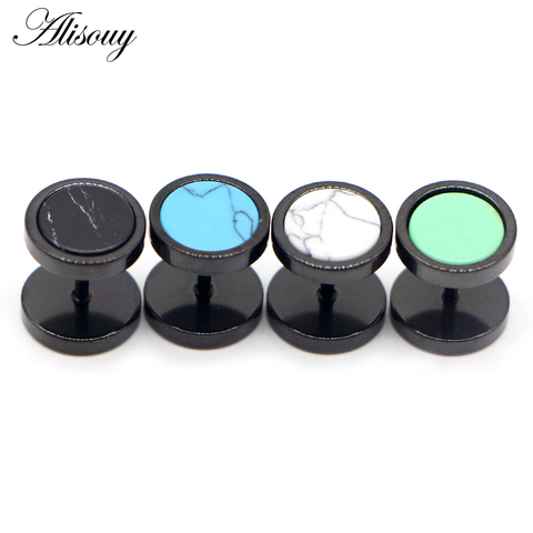 Alisouy 2pcs Stainless Steel Double Sided Round Stone Dumbbell Mens Women Screw Stud Barbell Piercing Earrings Fake Ear Plug ► Photo 1/6