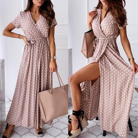 2022 Women's Dress V-neck Summer Wrap Dresses Women Fashion V Neck Short Sleeve Belt Dots Print Front Slitting Hem Long Dress ► Photo 1/6