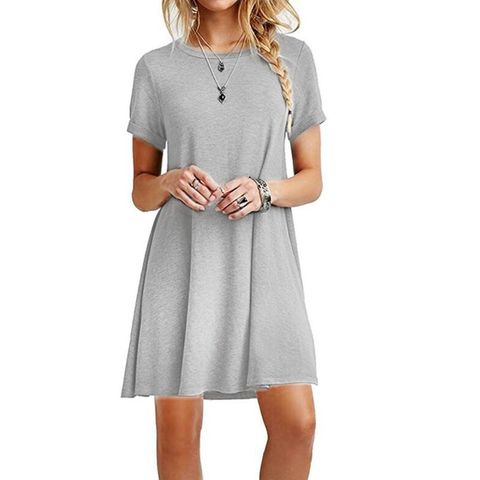 Womens Summer Plus Size Short Sleeves Midi Swing T-Shirt Dress Plain Solid Color Crew Neck Casual Loose Pullover Tunic Tops ► Photo 1/6