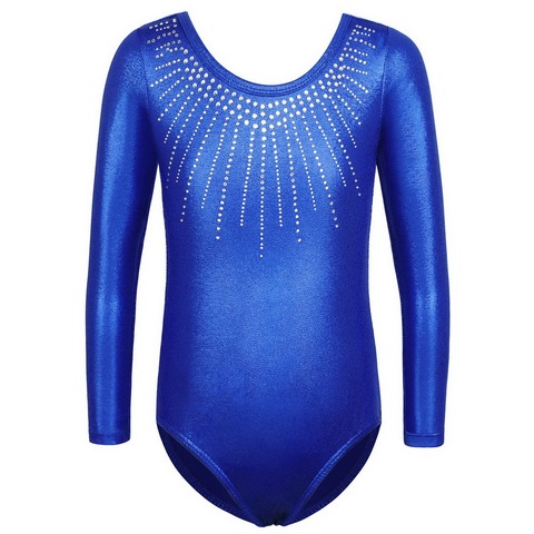 BAOHULU Rhinestone Dance Leotard Long Sleeve Gymnastics Leotard Printing Sparkle Dancing Royal Blue Athletic Leotard For Girls ► Photo 1/6