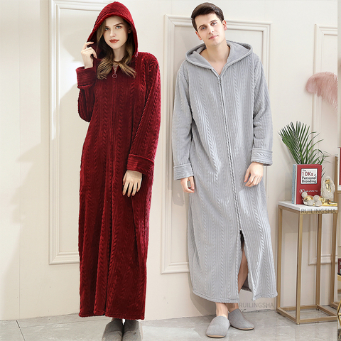 40-110KG Plus Size Men Winter Long Warm Coral Fleece Bathrobe Cozy Flannel Hooded Bath Robe Night Dressing Gown Women Sleepwear ► Photo 1/6