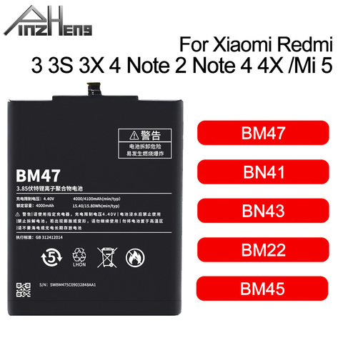PINZHENG BM45 BM47 BN43 BM22 BN41 Battery For Xiaomi Redmi 3 3S 3X 4 Note 2 Note 4 4X Battery For Xiaomi MI 5 Batteries ► Photo 1/6