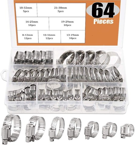 64Pcs Adjustable 8 to 38mm Diameter  Clips Worm Gear Hose Clamp Assortment Kit for Various Pipes Automotive Mechanical Use ► Photo 1/6
