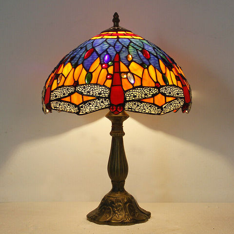 Tiffany style stained glass table lamp 12 inch Shade Blue/Green Dragonfly design table Reading lamp ► Photo 1/6