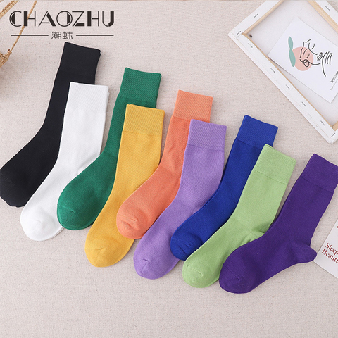 CHAOZHU OL Basic Solid Colors Fashion 100% Cotton Socks High Quality 4 Seasons Stretch Women Daily Sox 9 Colors Orange Purple ► Photo 1/6