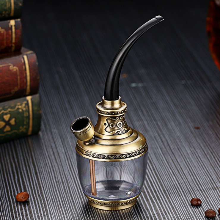 Double Circulation Water Tobacco Apple Smoking Pipe Gold With Pouch 