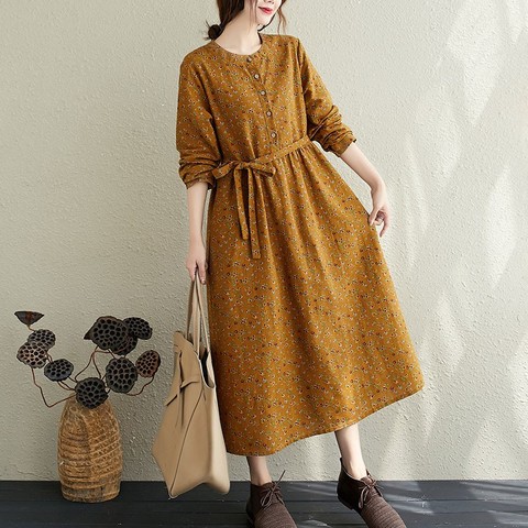 Women Autumn Cotton Linen Long Dress New Arrival 2022 Arts Style Vintage Floral Print Loose Ladies Elegant A-line Dresses S1857 ► Photo 1/6