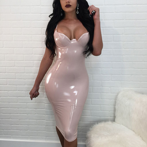 2022 New Summer Dress Women Sexy Party Club Dress New Robe Femme PU Dress Latex Glossy Sexy Bodycon Midi Dress M-4XL ► Photo 1/6