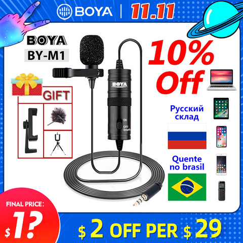Microphone BOYA BY-M1 6m Clip-on Lavalier Mini Audio 3.5mm Collar Condenser Lapel Mic for recording  Canon / iPhone DSLR Cameras ► Photo 1/6