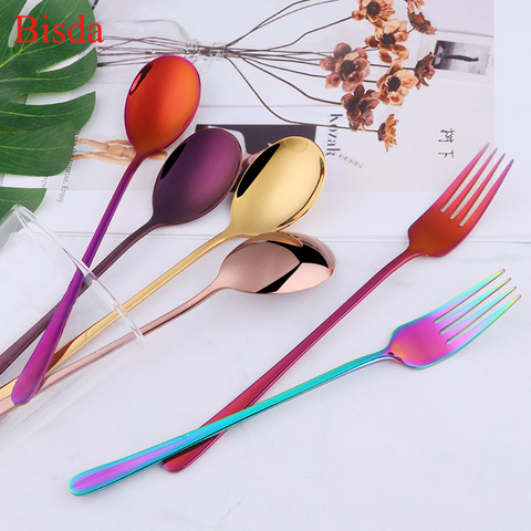2 Pcs/set Dinner Fork Stainless Steel Fork And Spoon Set Gold Dinnerware Kitchen Utensil Colorful Spoon Safety Adult Flatware ► Photo 1/6