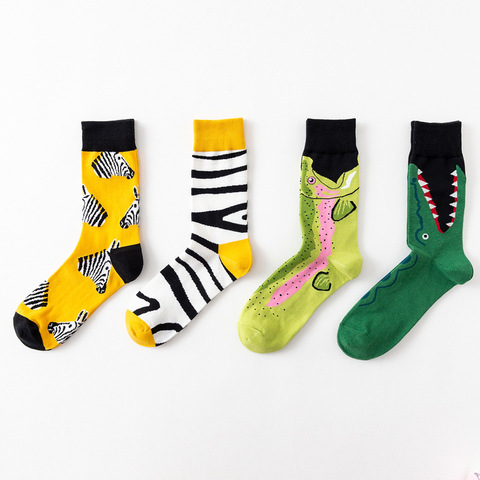 Fashion Mens Happy Tube Socks European American Cool Socks Cotton for Lovers Creative Cartoon with Crocodile Zebra 141 ► Photo 1/6