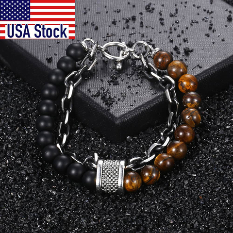 Trendsmax Natural Tiger Eye Stone Bracelet Men Stainless Steel Beaded Bracelets Male Jewelry Lava Map Stone Drop Shipping DB77 ► Photo 1/6