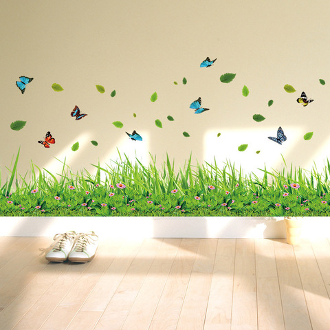 Green Grass Colorful Butterfly Flower Skirting Wall Stickers Living room Bedroom Bathroom Vinyl Decals Art Home Decoration dc23 ► Photo 1/6