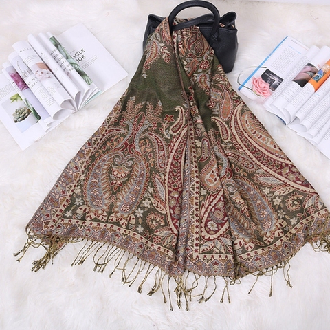 2022 New Bohemia Style Women Double Side Paisley Silky Pashmina Scarf Wrap Shawl Lady's Ethnic Jacquard fringed Travel scarf ► Photo 1/5