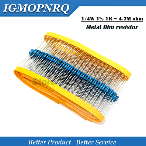 100pcs 1/4W 1R~22M Metal film resistor 1% 100R 220R 1K 1.5K 2.2K 4.7K 10K 22K 47K 100K 100 220 1K5 2K2 4K7 ohm resistance ► Photo 1/1