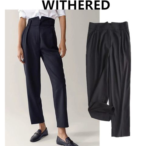 Withered england office lady fashion simple high waist suit pants women navy pantalones mujer pantalon femme trousers women sets ► Photo 1/6