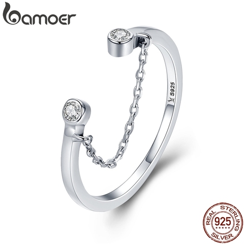 BAMOER 100% Real 925 Sterling Silver Tassel Adjustable Clear CZ Finger Ring Women Ring Sterling Silver Ring Jewelry SCR216 ► Photo 1/6