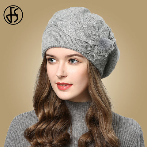 FS Women Berets Knitted Wool Hats Winter Flowers Warm Female Cap Girls Beanies Rabbit Fur Hat Gorros Bonnet Femme Hiver 2022 ► Photo 1/6
