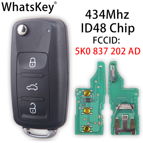 WhatsKey 3 Button Remote 434Mhz ID48 Chip Car Key For Volkswagen VW Caddy Beetle Jetta Eos Golf Polo Hella 5K0837202AD ► Photo 1/6