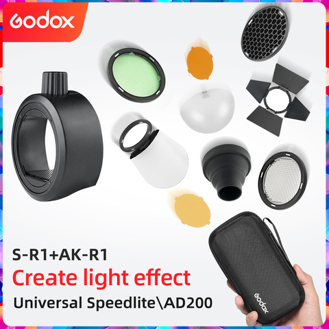 Godox AK-R1 + S-R1 Barn Door, Snoot, Color Filter, Reflector, Honeycomb, Diffuser Ball Kits for Godox AD200 H200R V1 Flash Head ► Photo 1/6