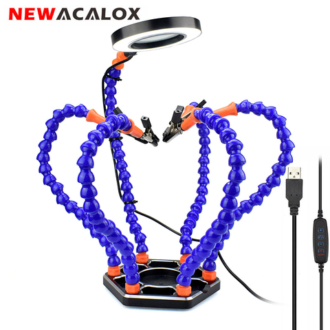 NEWACALOX Third Hand Soldering PCB Holder Tool Six Arms Helping Hands Crafts Repair Helping Welding Station 3X USB LED Magnifier ► Photo 1/6